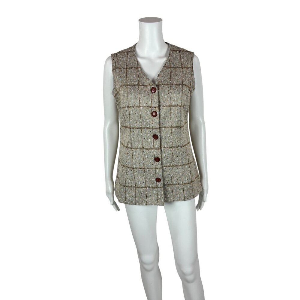 Vintage 70s Long Vest Women's Large Beige Polyester Blue Spotted Button Down Top - Picture 10 of 10